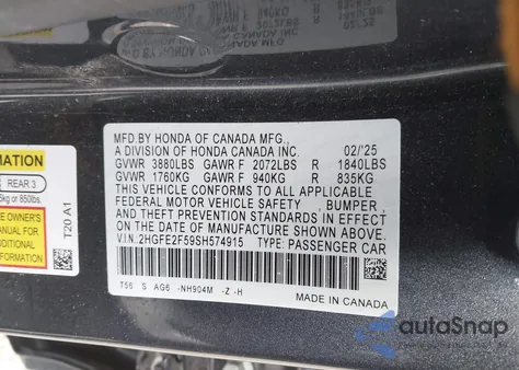 2025 Honda Civic Sport z USA, uszkodzony, nr VIN 2HGFE2F59SH574915